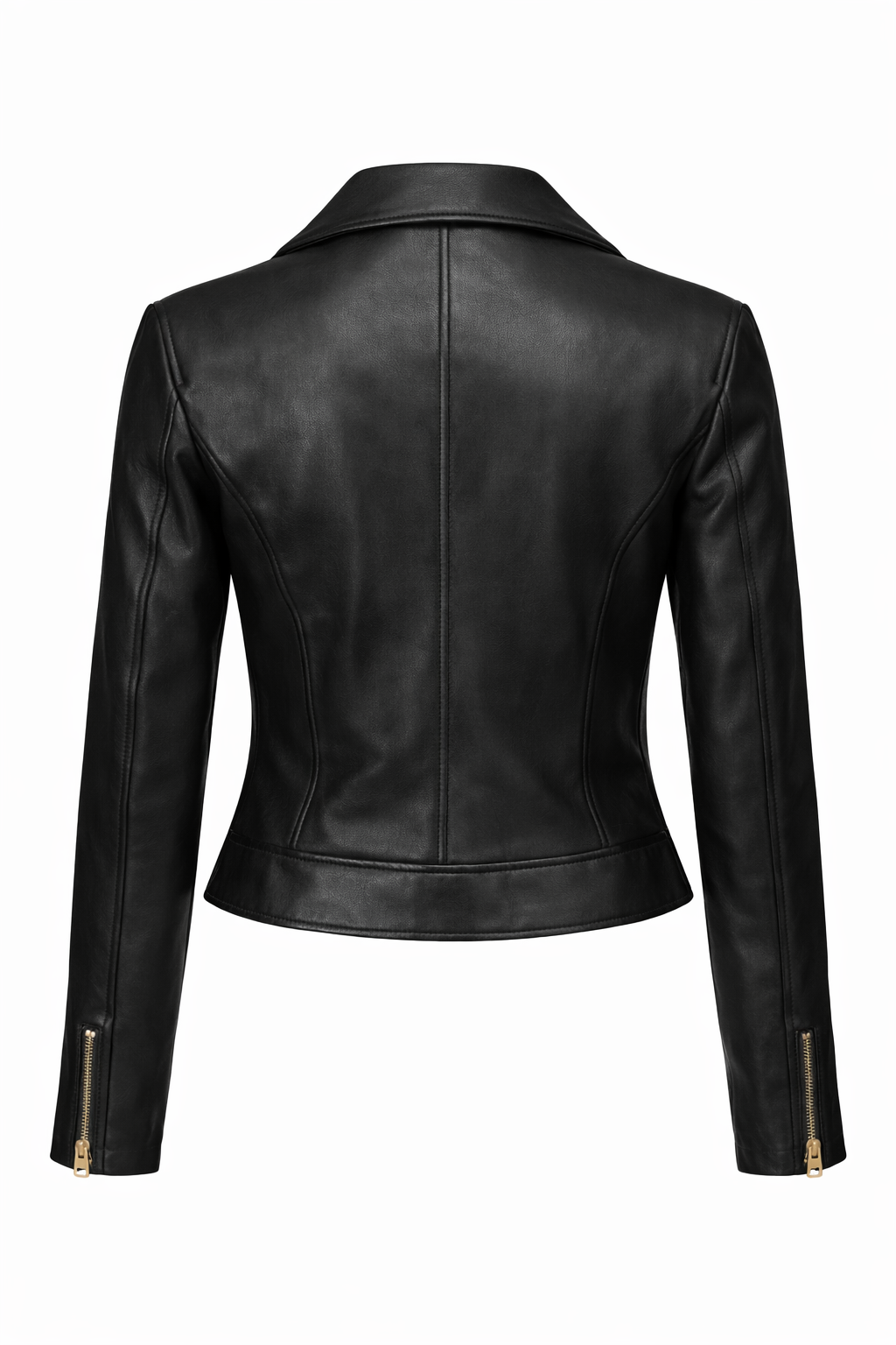 Women's Cropped Leather Biker Jacket With Gold Tone Zippers (VF)