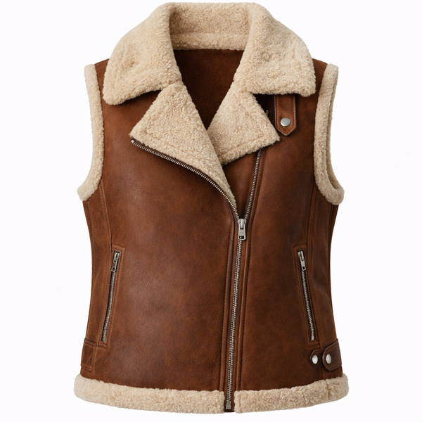 Women's Sheepskin Biker Leather Vest In Brown (VF) – Valore Fox